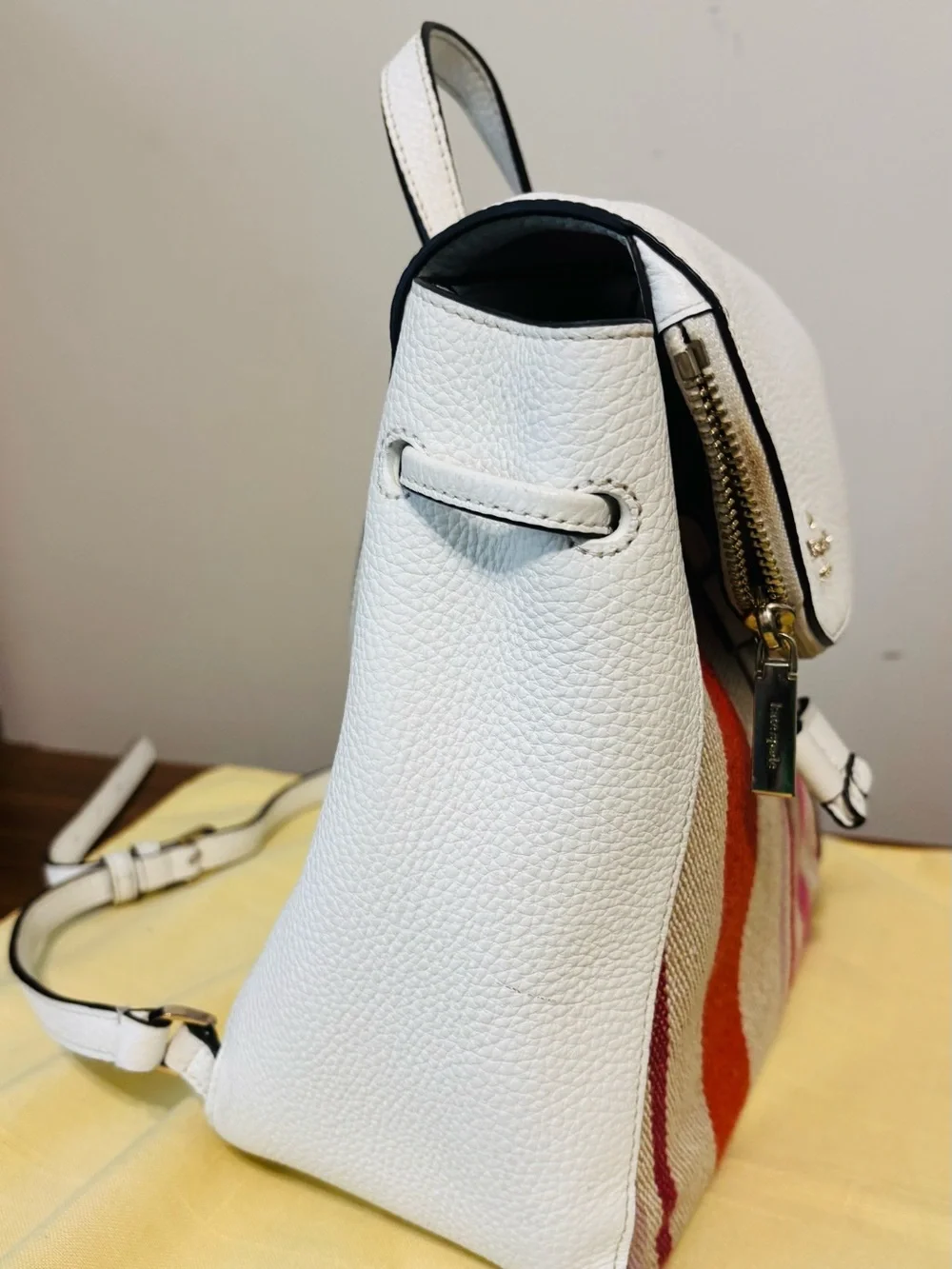 Kate Spade Women's White Striped Mini Backpack Leather Adjustable Strap Designer